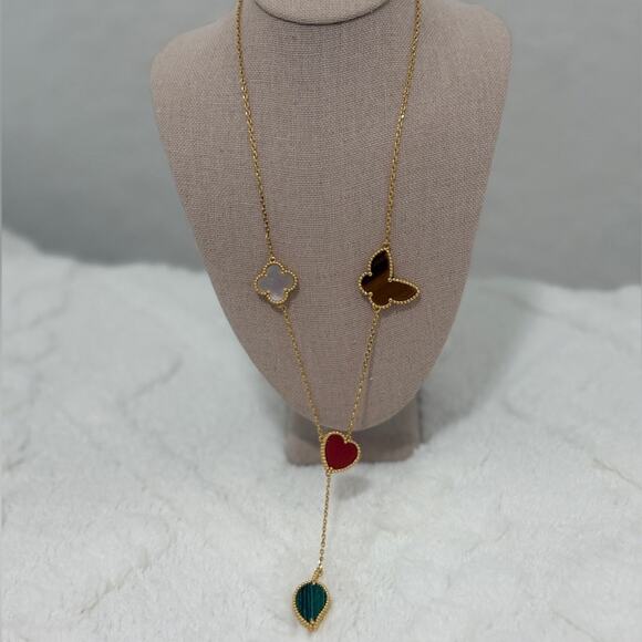 18K Gold Multi-Charm Necklace Clover, Heart, Butterfly & Leaf  (item #181) - Picture 3 of 7